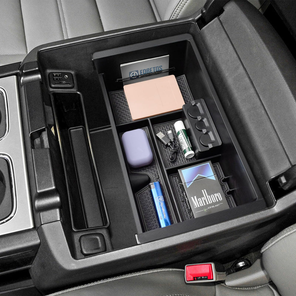 EDBETOS center console organizer tray fits Sierra 1500 for organized storage.