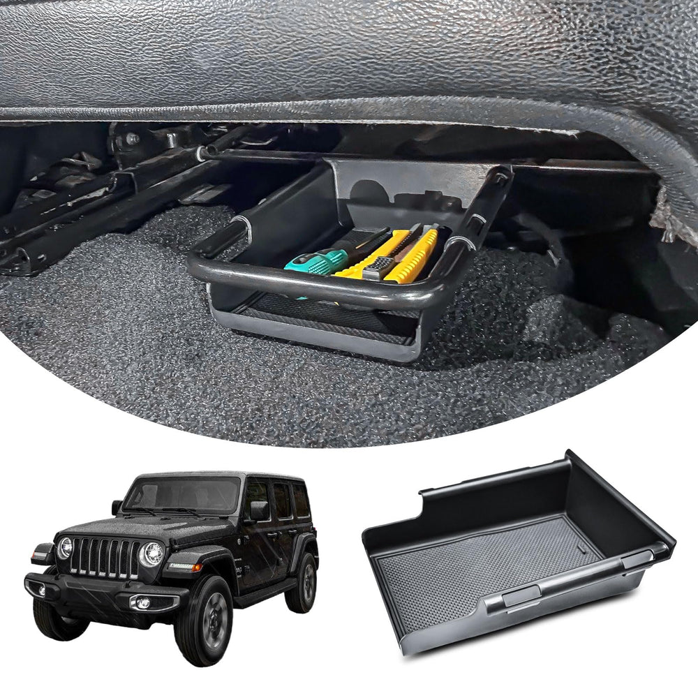 EDBETOS front under-seat tray for Wrangler JL shows hidden storage and reduced cabin clutter