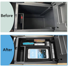 EDBETOS Pathfinder center console tray installed in vehicle