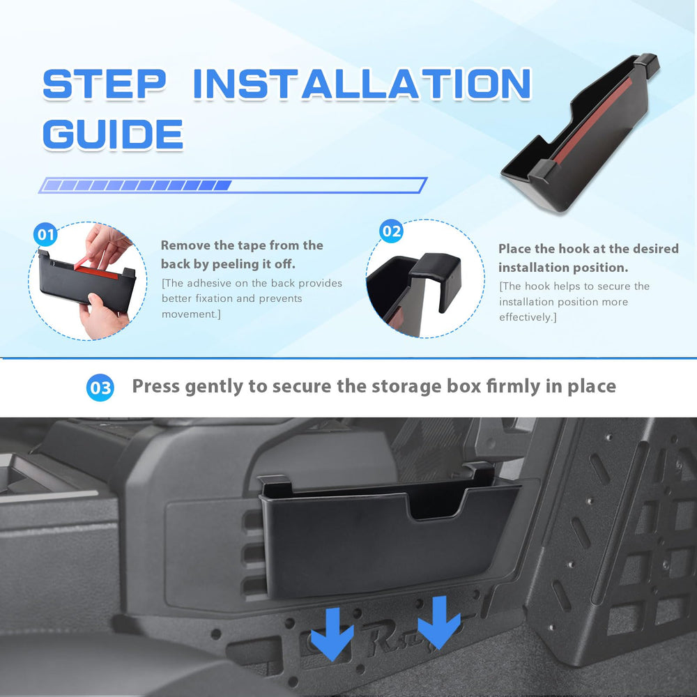 Adhesive backing and hooks securing the Tacoma console tray
