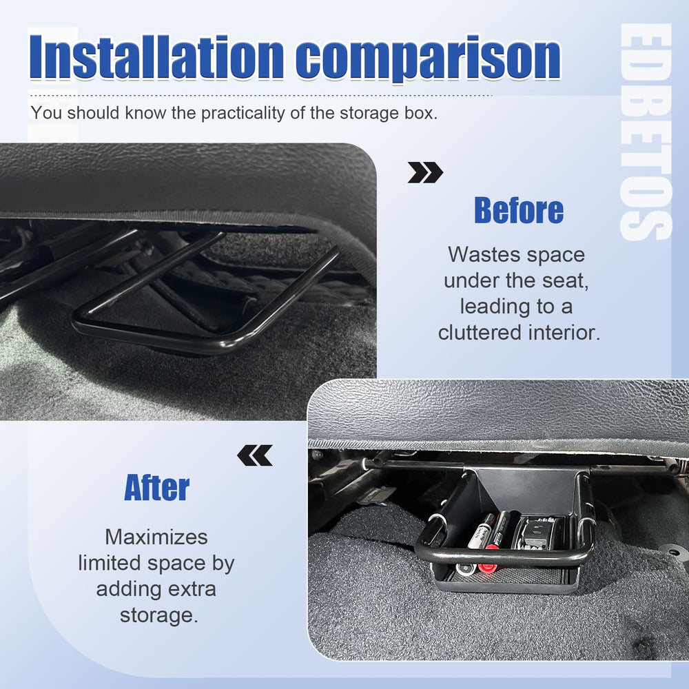 EDBETOS under-seat tray installation on Wrangler JL is tool-free and quick