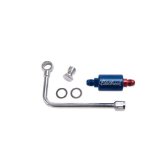 Edelbrock 8134 chrome fuel line kit shows right-side routing for tidy carburetor plumbing