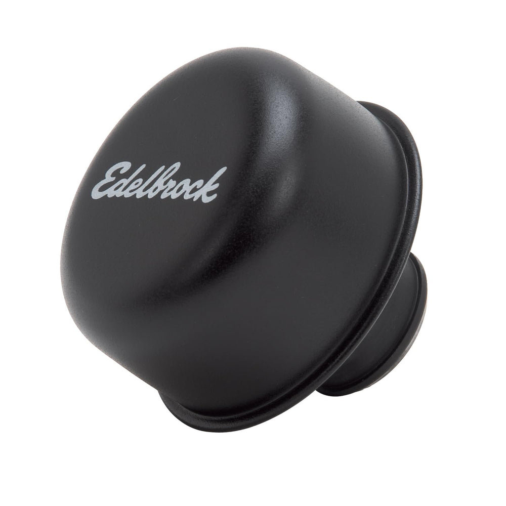 Edelbrock EDL4403 Pro-Flo black round breather, top view, blends with black valve covers for a cohesive engine look