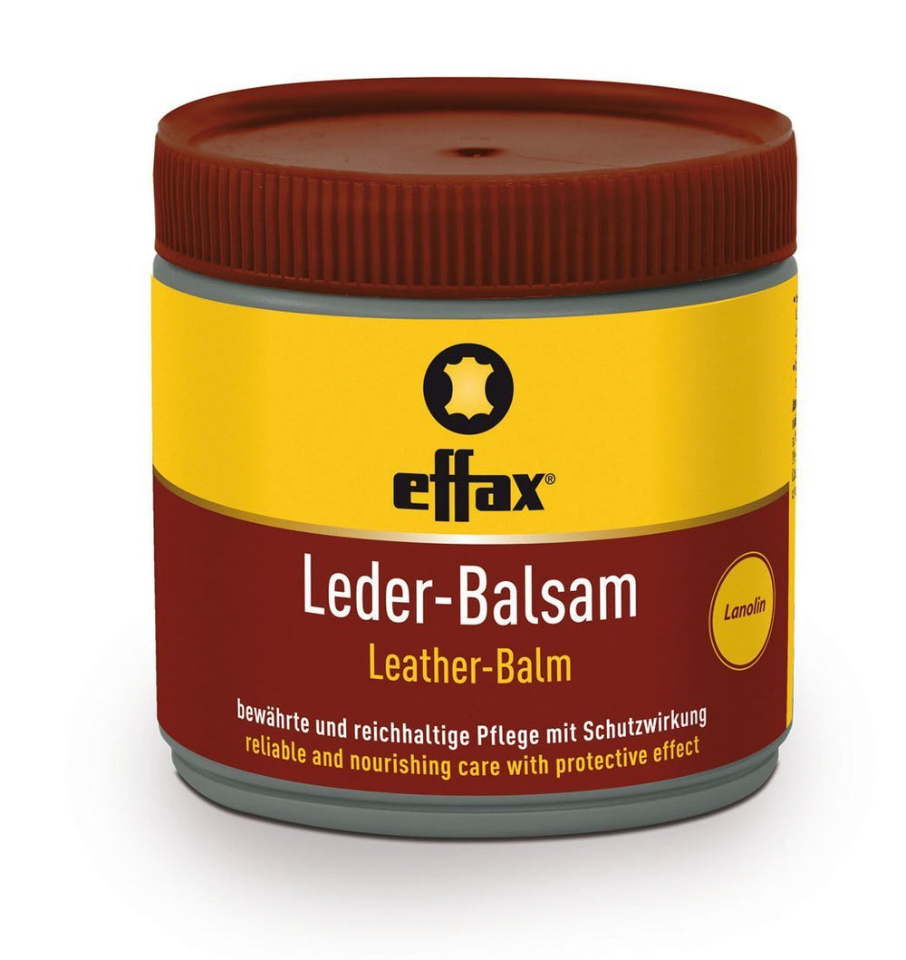Effax Leather Balm 500ml bottle shown; nourishes leather with beeswax for lasting shine.