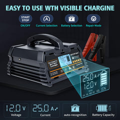 EffortWay 25A charger keeps batteries topped off with trickle mode.