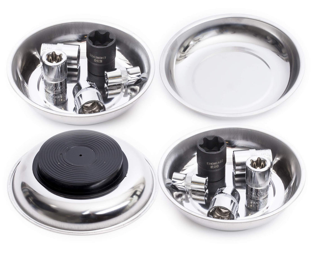 EHOMEA2Z magnetic bowl holds screws and bolts securely on a cluttered workbench.