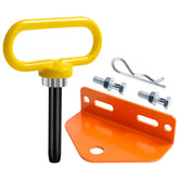 EilxMag universal mower hitch with magnetic pin securing a trailer.