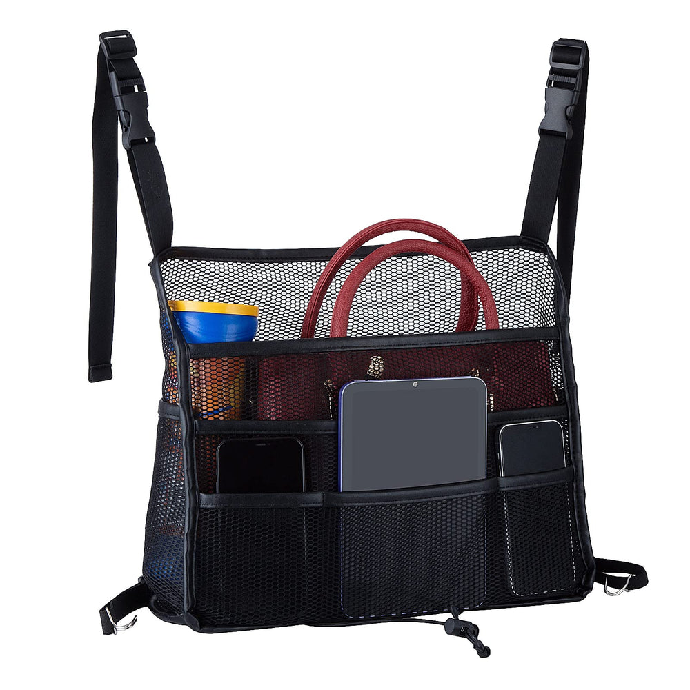 Eing car seat back organizer front-pocket view keeps purses within reach.