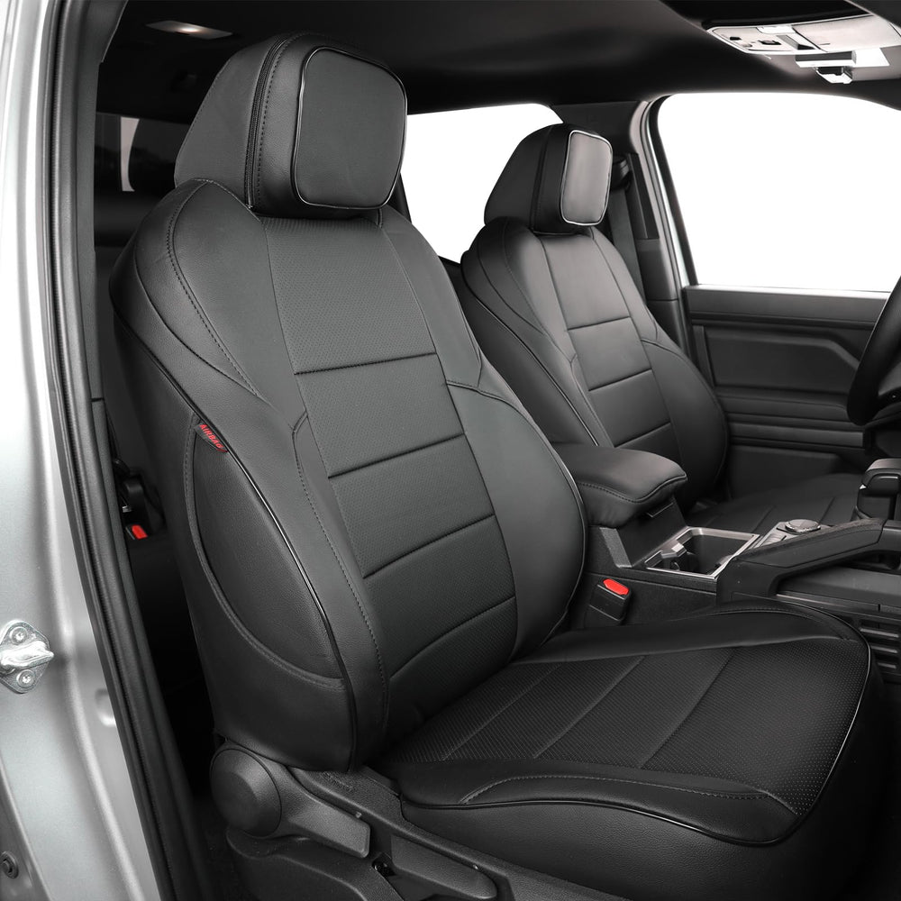 EKR Tacoma front seat covers showing leather-like texture and spill protection.
