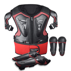 ElCYCO kids motorcycle armor suit front view showing chest protector and straps for safety.