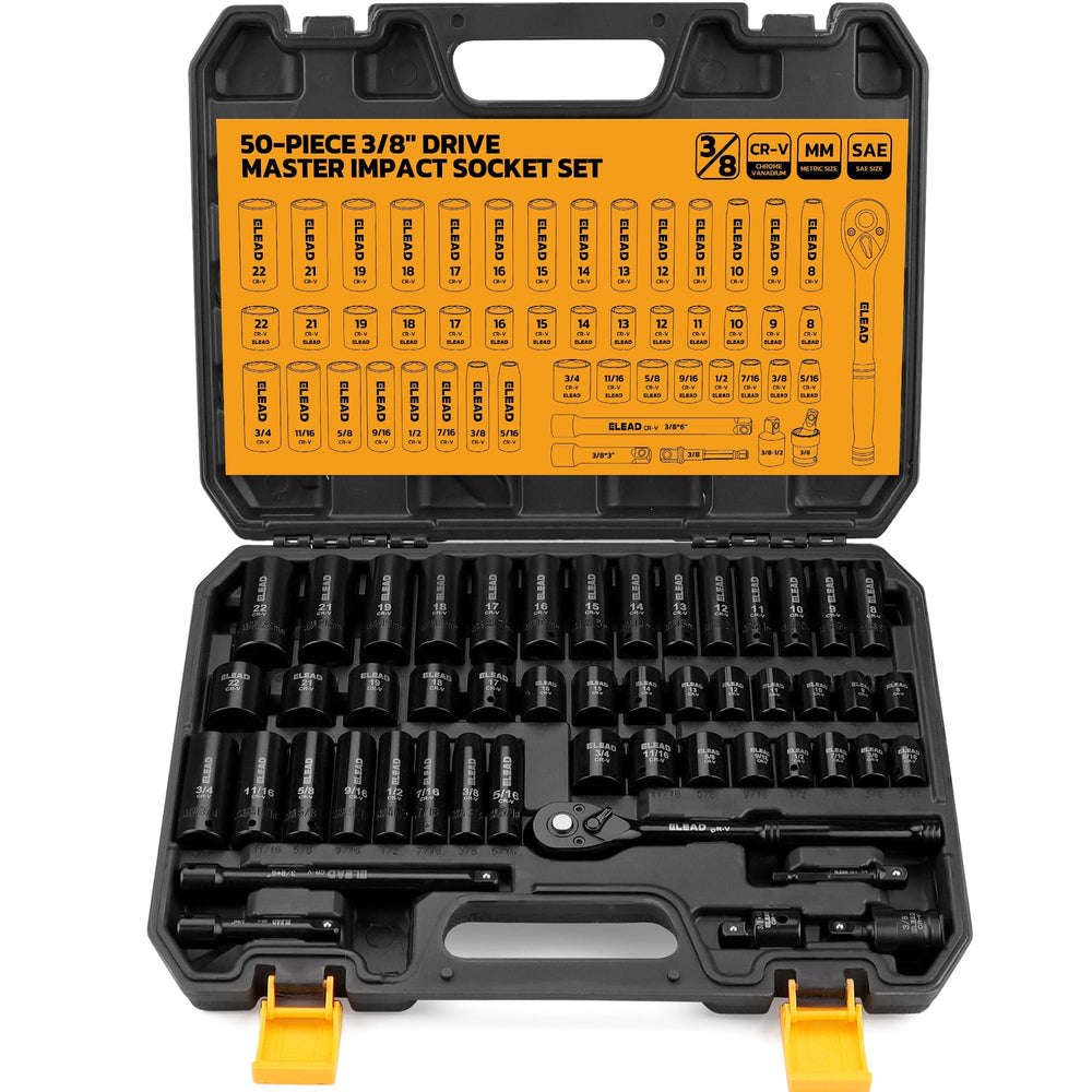 ELEAD front-of-case showing organized 50-piece set and carrying handle for portability