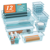 ElegantArray 12-piece drawer organizer set in sea blue keeps cosmetics neatly arranged.