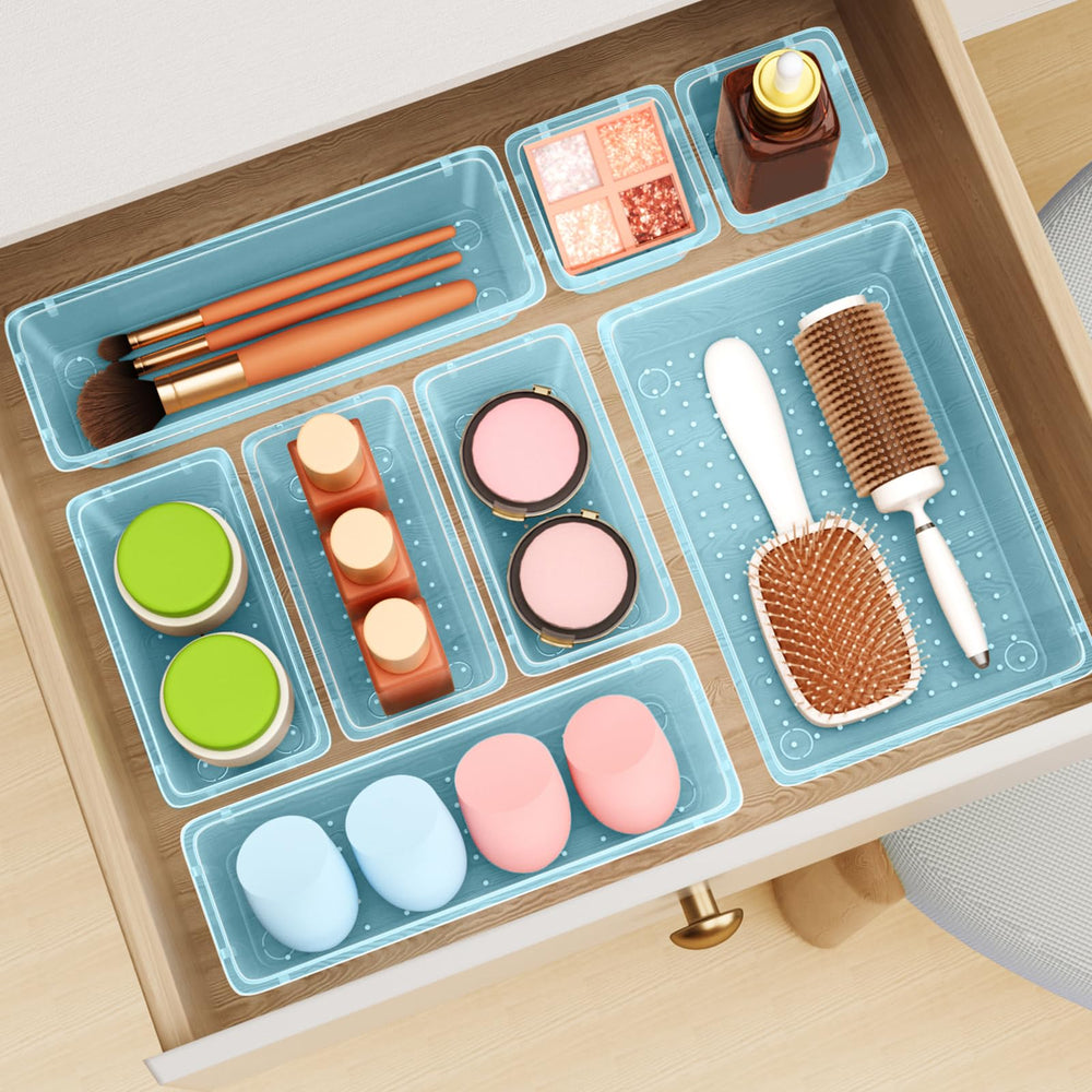 ElegantArray sea-blue plastic organizers are durable and easy to wipe clean.