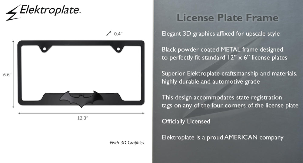 Elektroplate Batman frame installed on standard license plate with quick screwdriver installation.
