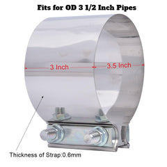 eLifecenter 3-1/2 inch exhaust clamp side view highlights even tension distribution