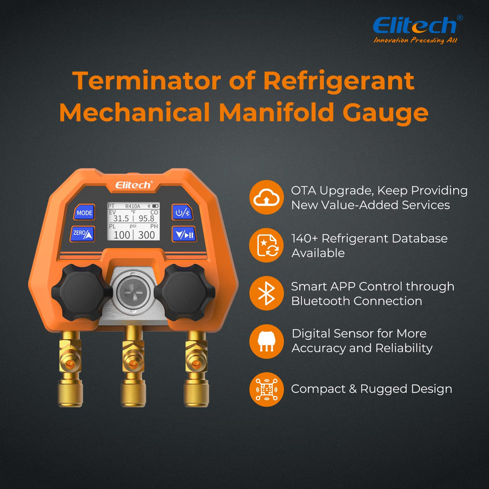 Elitech DMG-4B PT mode readings show evaporation and condensation temperatures.