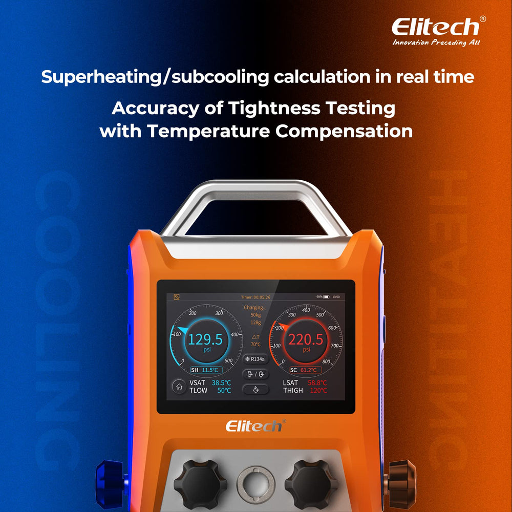 Elitech EMG-40V Bluetooth app graphics depicting wireless data curves and history.