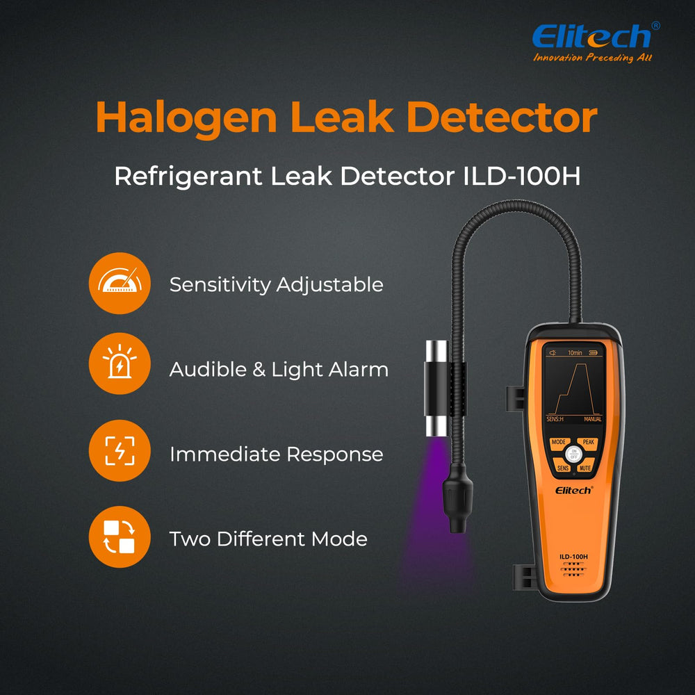 Elitech ILD-100H TFT display shows clear readings of sensitivity and leaks.