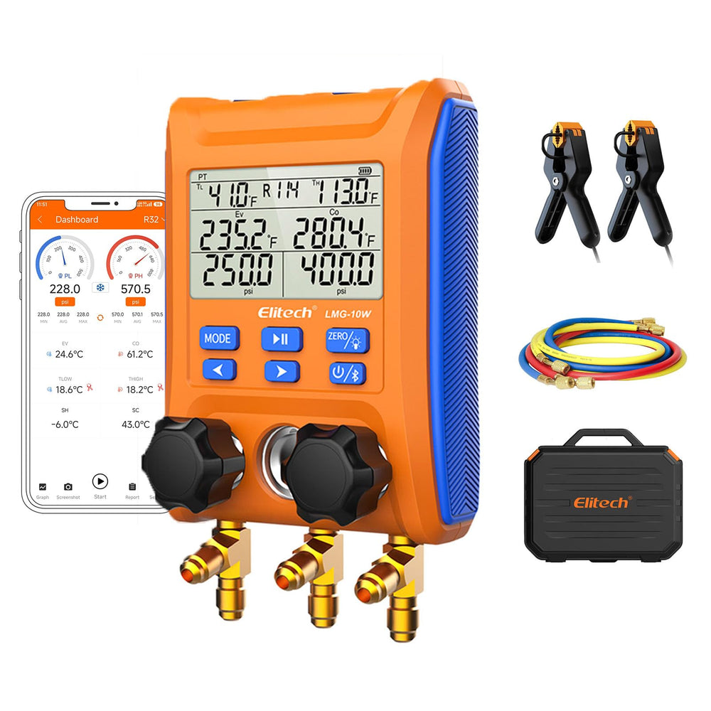 Elitech LMG-10W wireless digital manifold display for precise refrigerant pressure monitoring on the go.