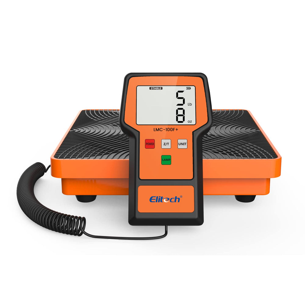 Elitech refrigerant scale front view with precise weight readout for HVAC charging.