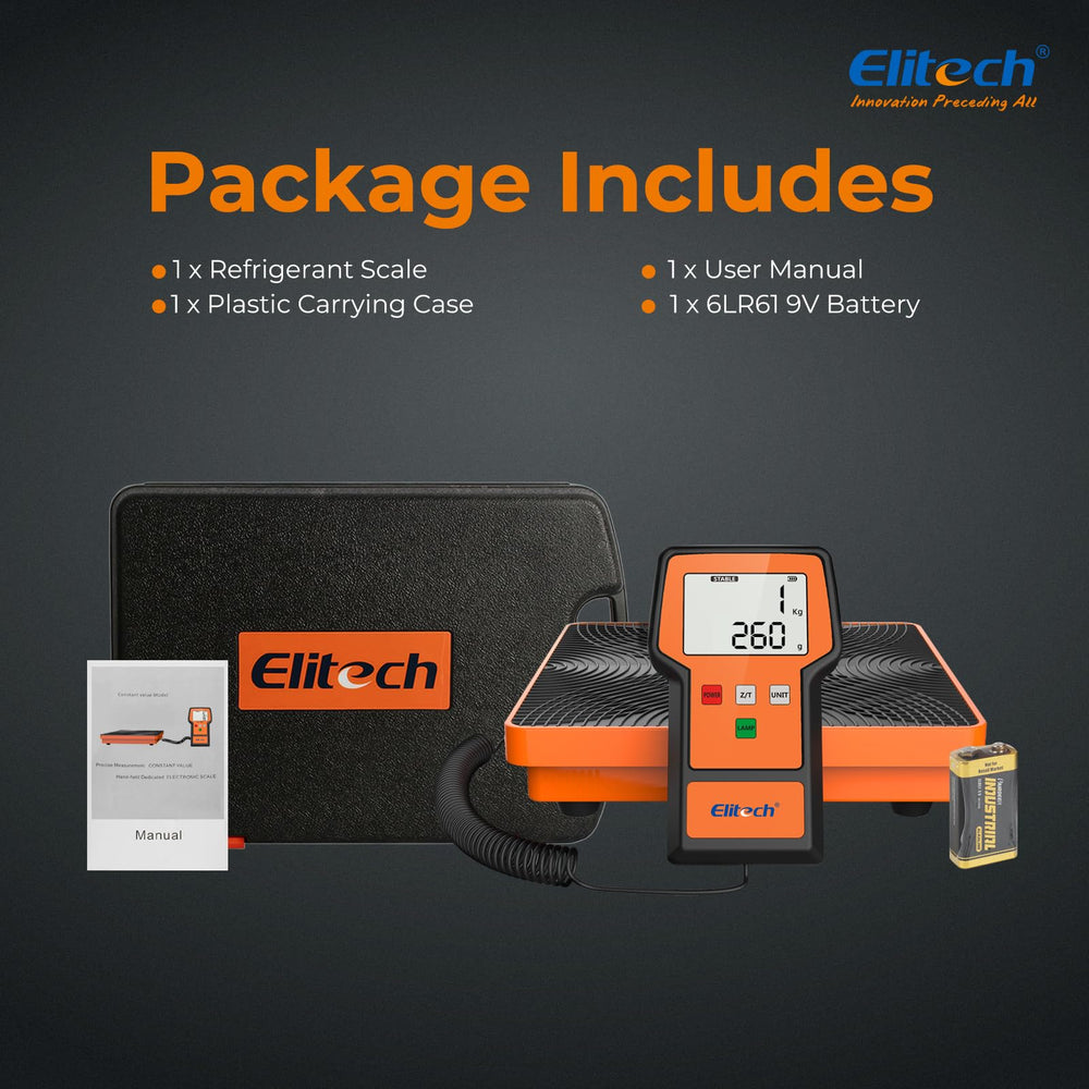 Elitech refrigerant scale compact and portable design for easy transport.