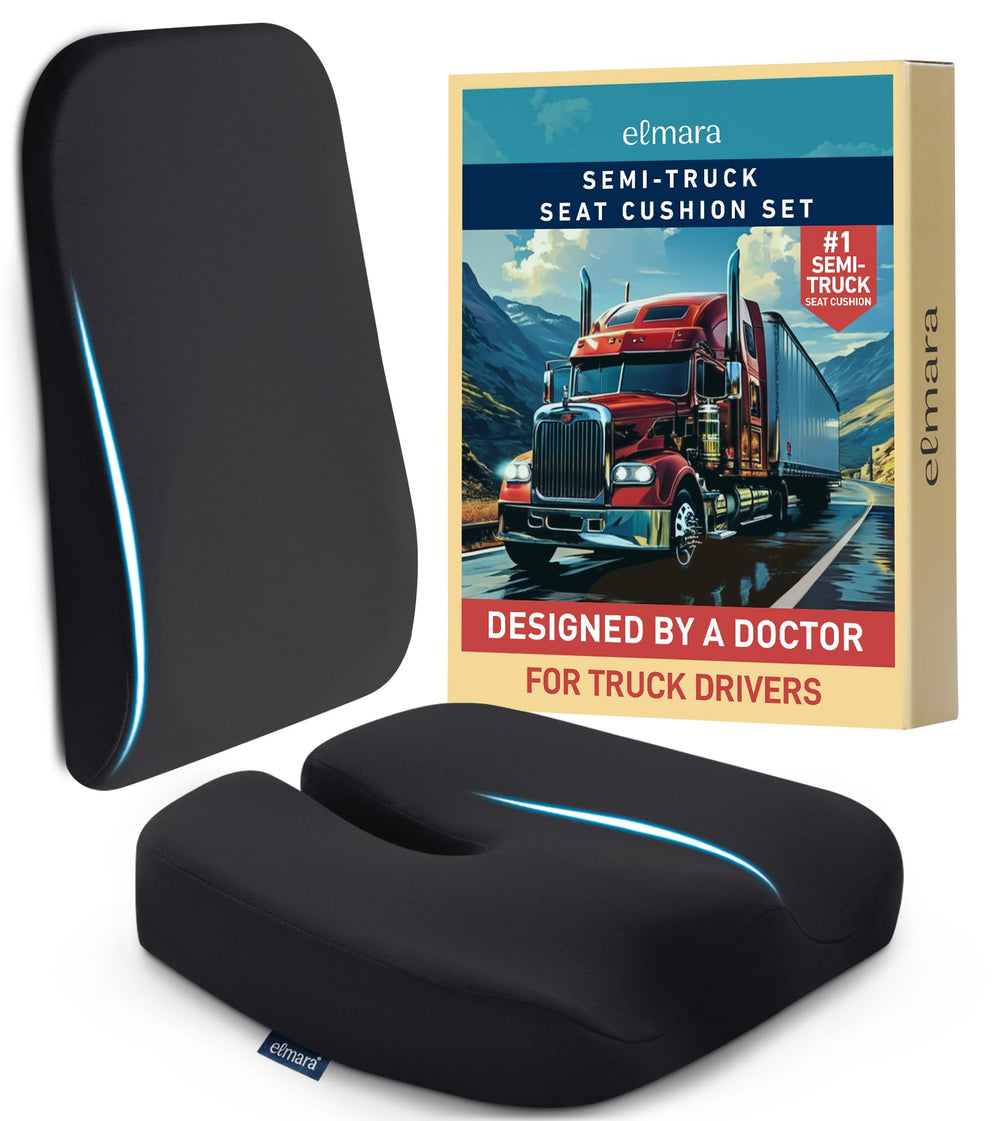 Elmara doctor-led seat cushion on a semi-truck seat supporting ergonomic posture during long drives.