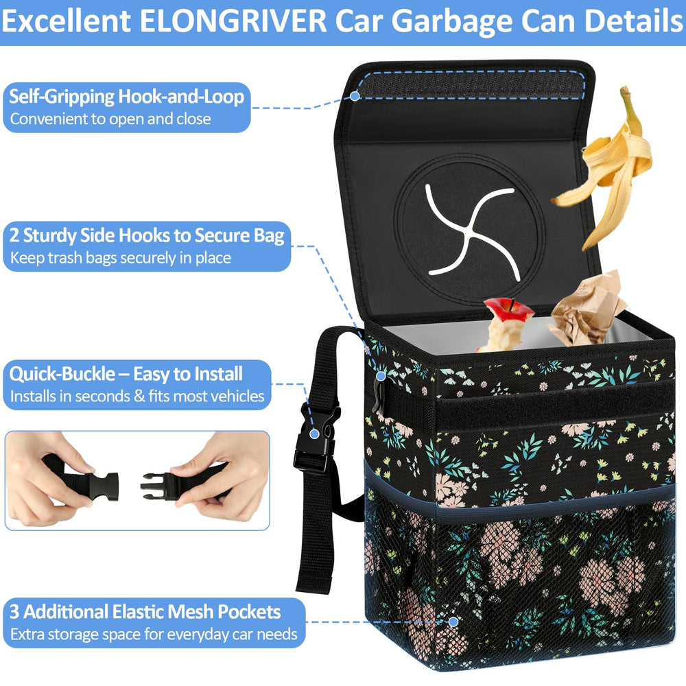 Adjustable strap lets you mount the trash can on headrests or glove box.