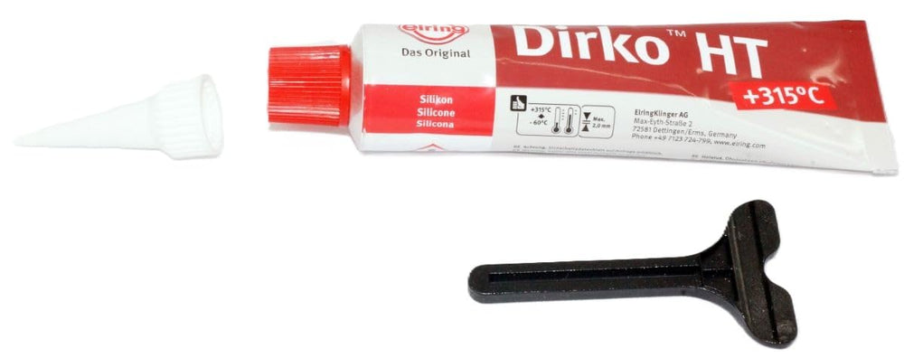 Elring Dirko HT sealant tube in red for high-temperature automotive seals.