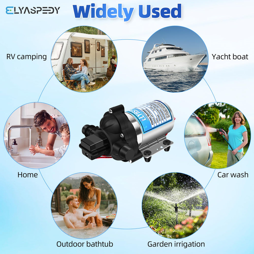 Elyaspedy RV pump 45 PSI graphic reflects steady on-the-go pressure.