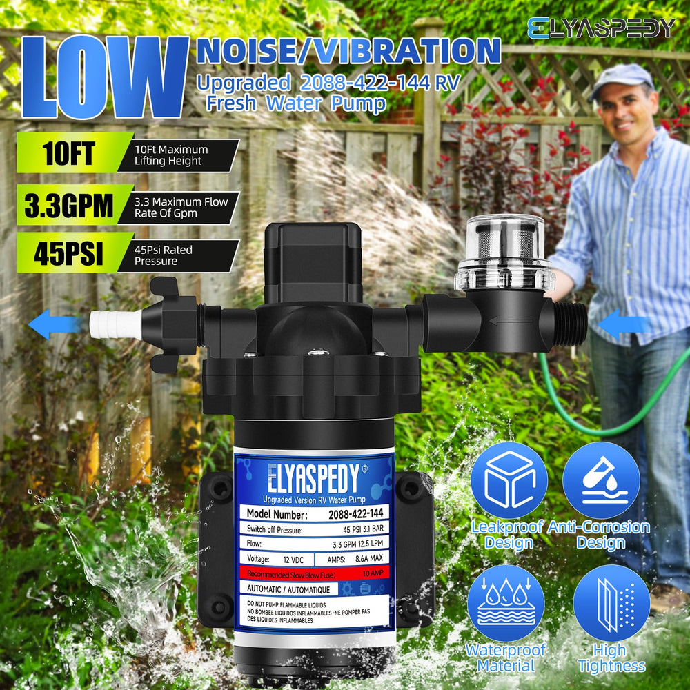 Elyaspedy self-priming diaphragm RV pump supports quiet operation on camping trips.