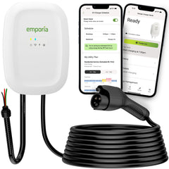 Emporia Level 2 EV charger front view in white for fast home charging.