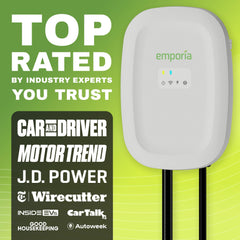 Emporia Level 2 EV charger with WiFi indicator enables remote monitoring.