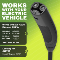 Emporia Level 2 EV Charger WiFi indicator emphasizes smart charging.