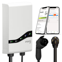 EMPORIA Pro Level 2 EV Charger front view showing rugged design for home charging.