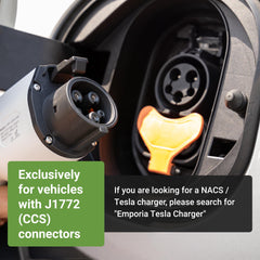 EMPORIA Pro Level 2 EV Charger rear panel shows dual connectors and PowerSmart balance.