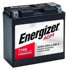 Energizer T14B AGM motorcycle battery out of the box, ready to install.