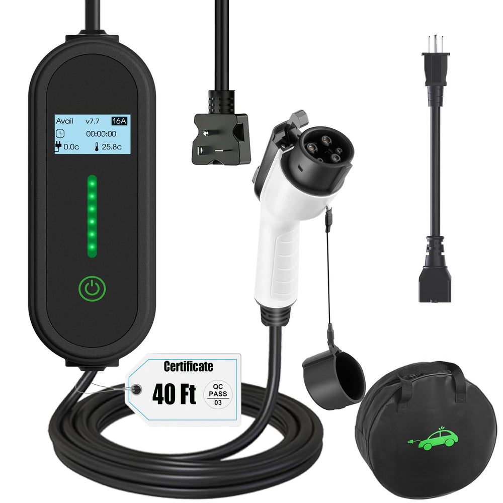 EnergyGenie 40ft cord EV charger shown with long reach for convenient home charging.