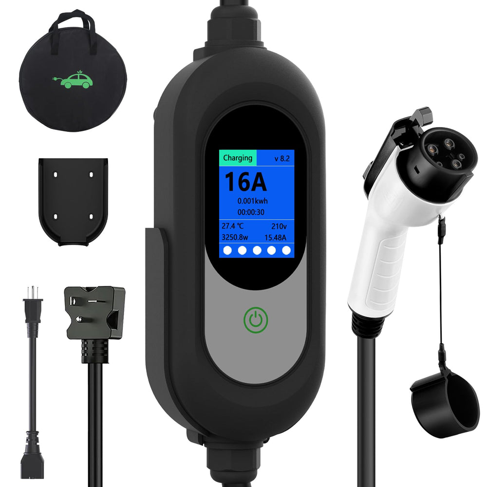EnergyGenie EV charger with LCD display shows real-time charging status