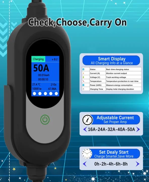 EnergyGenie Level 2 charger LCD display showing real-time status and scheduling.