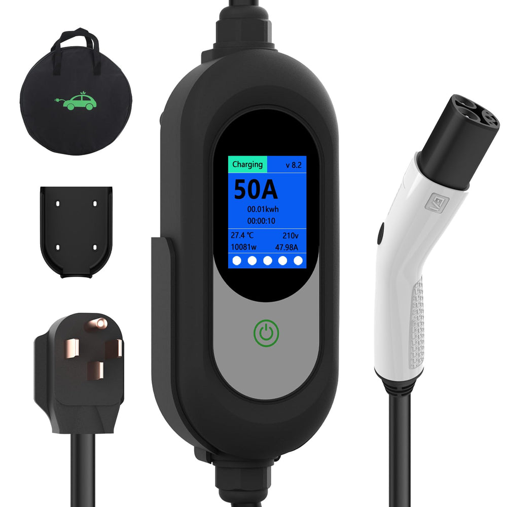 EnergyGenie Tesla Charger 50A outdoors with 25ft cable for flexible home parking