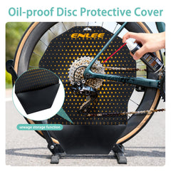 ENLEE bike disc brake cover, rear view, protects wheelset and brakes from spray.