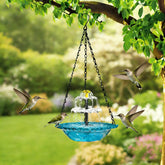 EOHMAK Hanging Solar Bird Bath Fountain blue attracting songbirds to the garden.