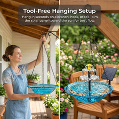 EOHMAK Natural bird attractor blue fountain invites birds for drinking and bathing.