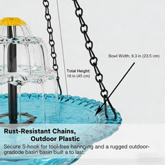 EOHMAK Outdoor decor blue hanging bird bath enhances patios and lawns.