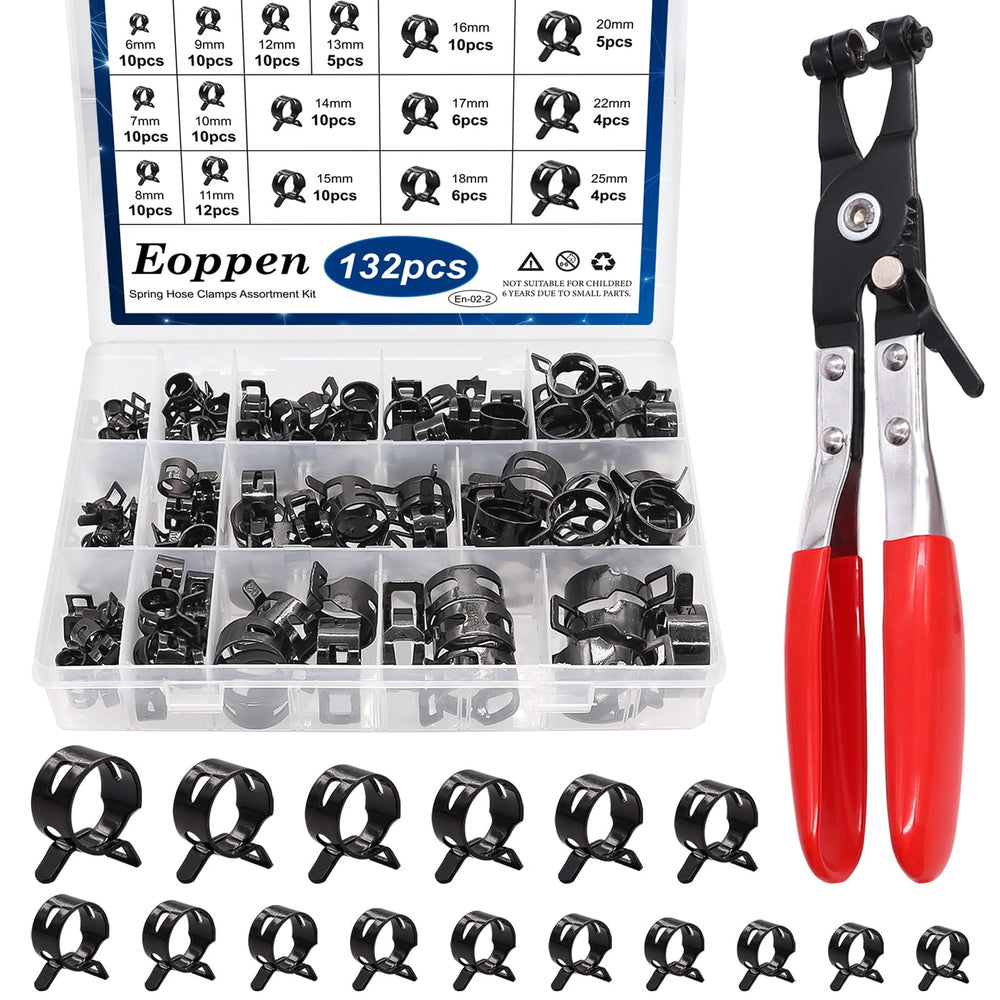 Eoppen 132Pcs spring hose clamps kit in a box, ideal for automotive fuel and air hoses.