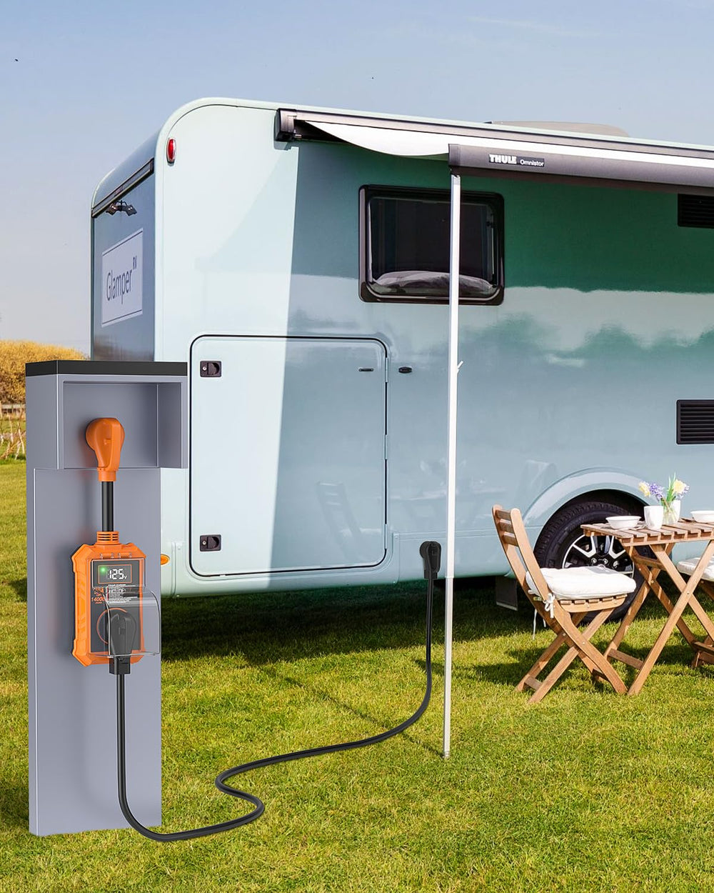 EPLCSE camper-use surge protector ready for roadside or campground setup