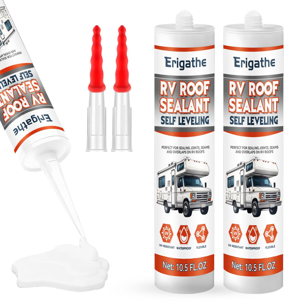 Erigathe self-leveling RV roof sealant tubes for quick, watertight on-roof repairs.
