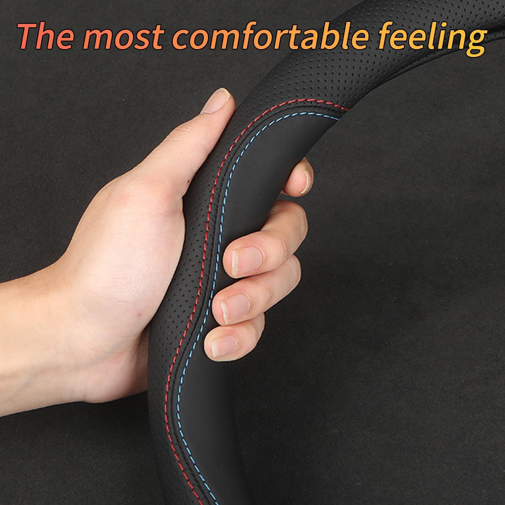 Erivis steering wheel cover featuring tri-color emblem design for sporty look