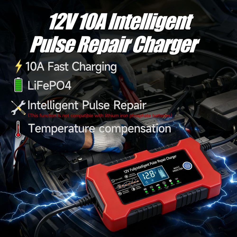 ERKUOMR 12V 10A charger using temperature compensation for safe charging.