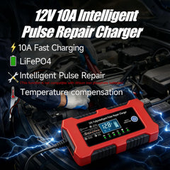 ERKUOMR 12V 10A charger using temperature compensation for safe charging.